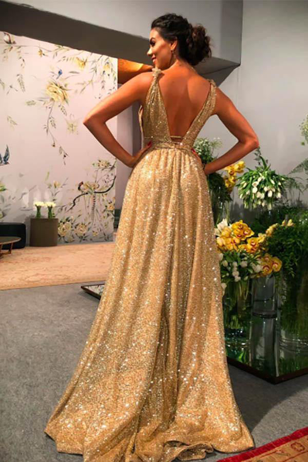 Sparkly A Line Gold Sequin Prom Dress Charming Evening Dress,WP230