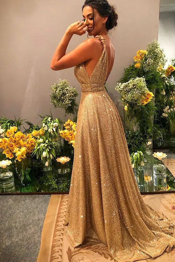 Sparkly A Line Gold Sequin Prom Dress Charming Evening Dress,WP230