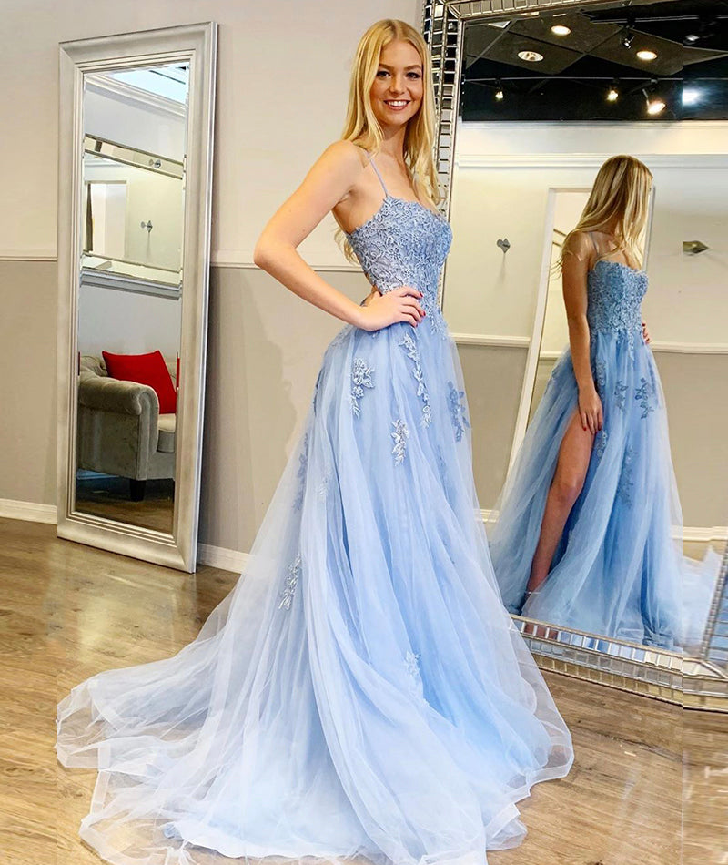 Sky Blue A-line Cross Back Long Prom Dress With Lace Appliques,WP231