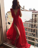 V Neck Red Chiffon Long Prom Dress Split Evening Dress,WP255
