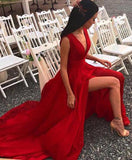 V Neck Red Chiffon Long Prom Dress Split Evening Dress,WP255