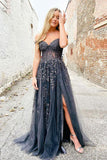 Stunning Lace Appliqued Sweetheart Long Prom Dresses,Black Evening Gowns,WP261