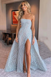 Stunning Strapless Sky Blue Lace Prom Dress With Side Slit,WP264