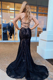 Spaghetti Straps Mermaid Black Lace Prom Dress,Backless Party Gown,WP270