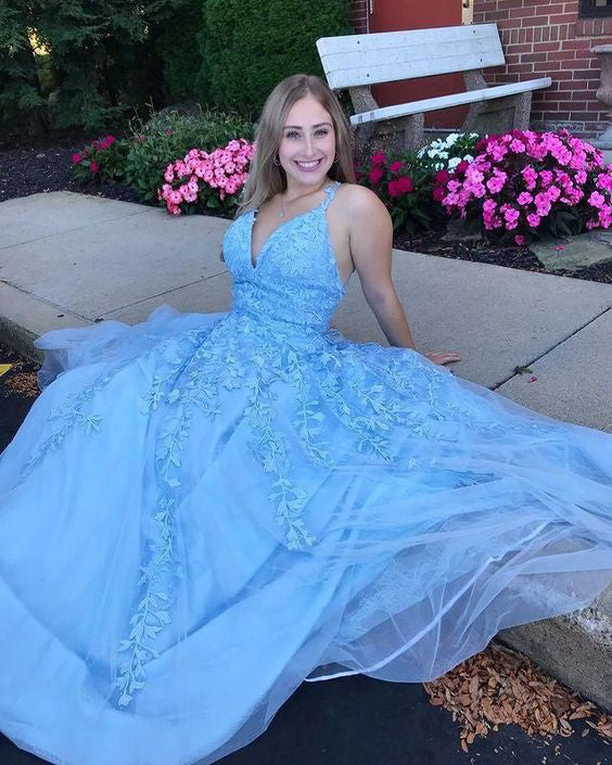 Light Blue Tulle Long Prom Dress With Appliques,WP279