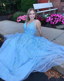 Light Blue Tulle Long Prom Dress With Appliques,WP279