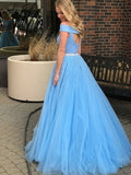Two Piece Off The Shoulder Light Blue Prom Dress With Beading,WP278