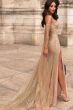 Sparkly Strapless Gold Sequin Prom Dress With Slit,WP307