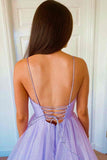 Sparkly Spaghetti Straps Lavender Tulle Long Prom Dress,WP338