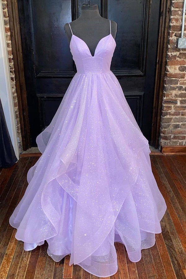 Sparkly Spaghetti Straps Lavender Tulle Long Prom Dress,WP338