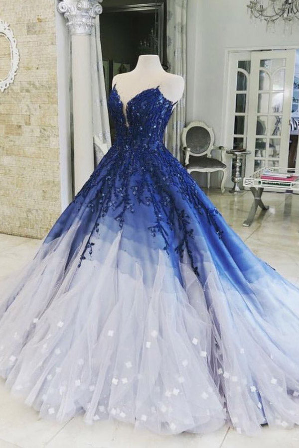 Ombre Ball Gown Lace Appliqued Long Prom Dress,WP341