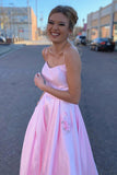 Pink Spaghetti Straps Satin Long Prom Dress With Pocket,WP345