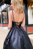 Simple A-line Black Spaghetti Straps Satin Prom Dresses,WP367