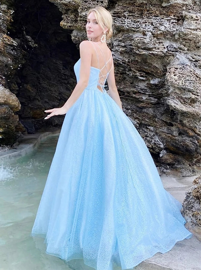 Sparkly Sky Blue Tulle Sequins Long Prom Dresses Straps Evening Dresses,WP377