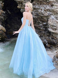 Sparkly Sky Blue Tulle Sequins Long Prom Dresses Straps Evening Dresses,WP377