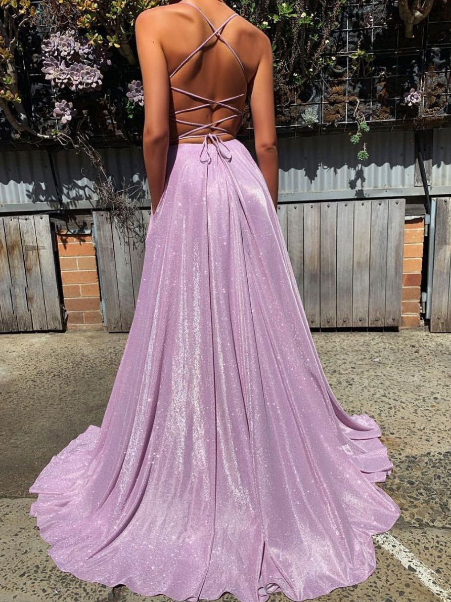 Shiny A-line Deep V Neck Lace Up Prom Dresses,WP378