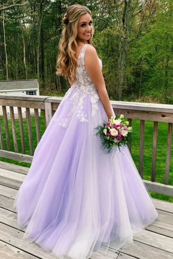 V Neck Lilac Tulle Long Prom Dresses With White Lace WP395