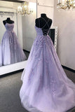 Purple A-line Tulle Lace Long Prom Dresses Straps Graduation Dresses,WP404