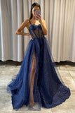 Navy Blue Shiny Tulle Sweetheart Prom Dress With High Slit WP433