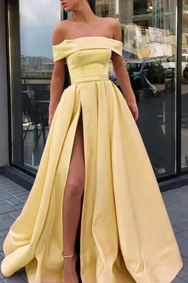 Simple Off The Shoulder High Slit Long Prom Dress A-Line Evening Gown WP445