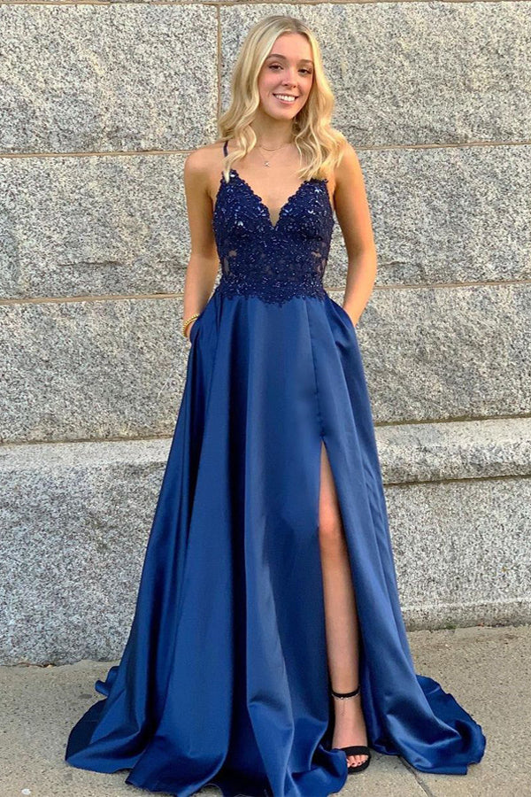 Blue Satin Prom Dress Beaded Evening Dress,WP263