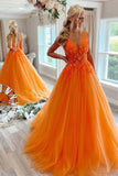 Orange Tulle Floral Appliques Prom Dresses Evening Gowns,WQ100