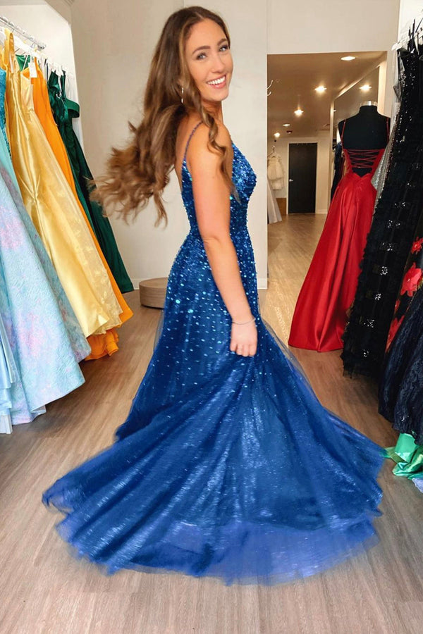 Shiny Blue Tulle Formal Prom Dress With Sequins,WQ116