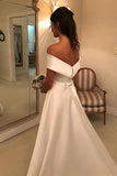 Off The Shoulder Ivory Satin Wedding Dress,Vintage Bridal Gown,WW021