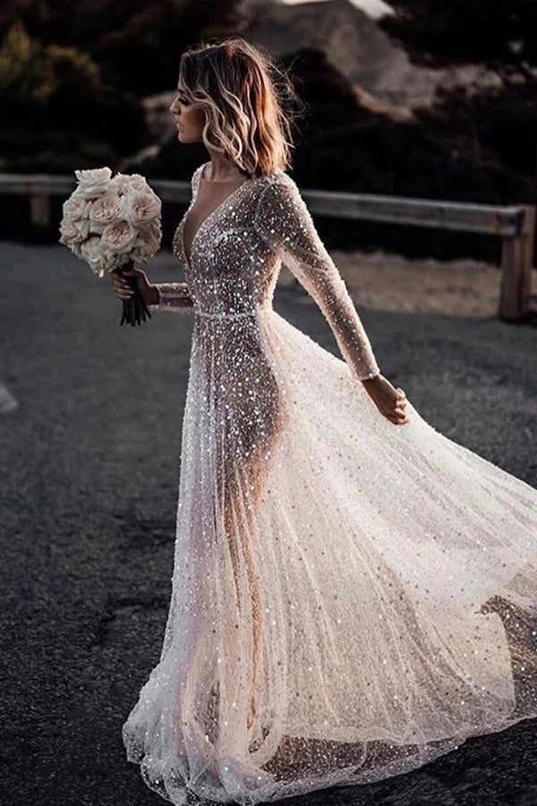Sparkly See Through Long Sleeve Wedding Dress,WW034