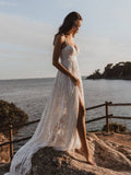 Sweetheart Rose Lace Beach Wedding Dress With Slit,WW038
