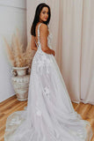 Open Back White Tulle Wedding Dress Appliques Bridal Dress,WW097