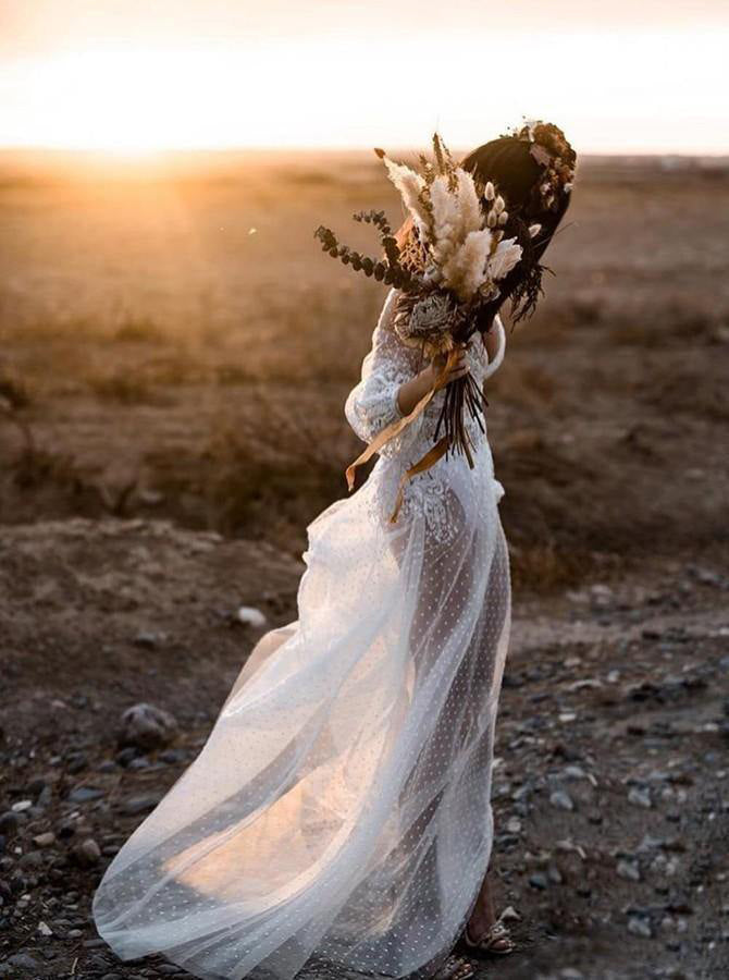 Long Sleeve See Through Wedding Dress Bohemian Bridal Gown,WW098