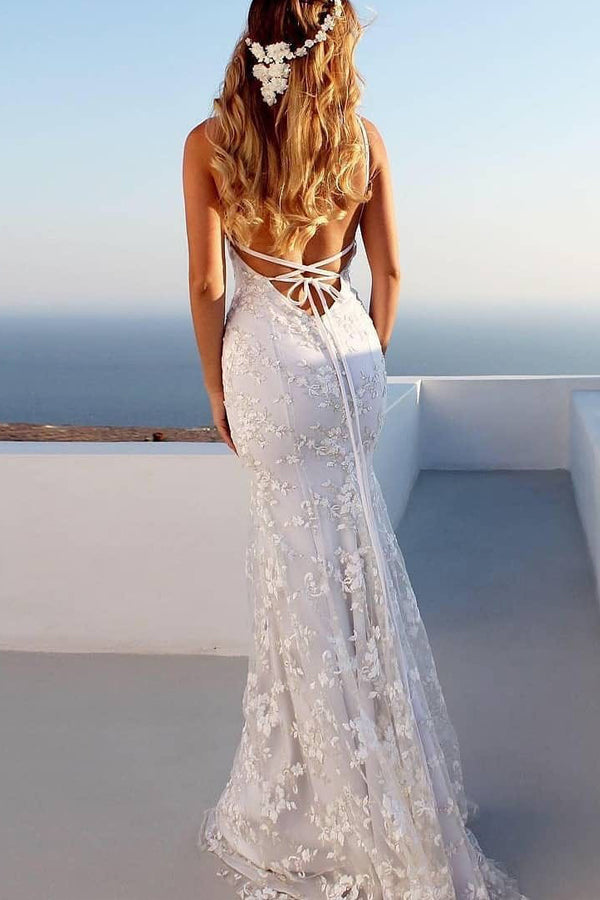 Mermaid Beach Wedding Dress Tight Floral Wedding Dresses With Lace Appliques,WW124