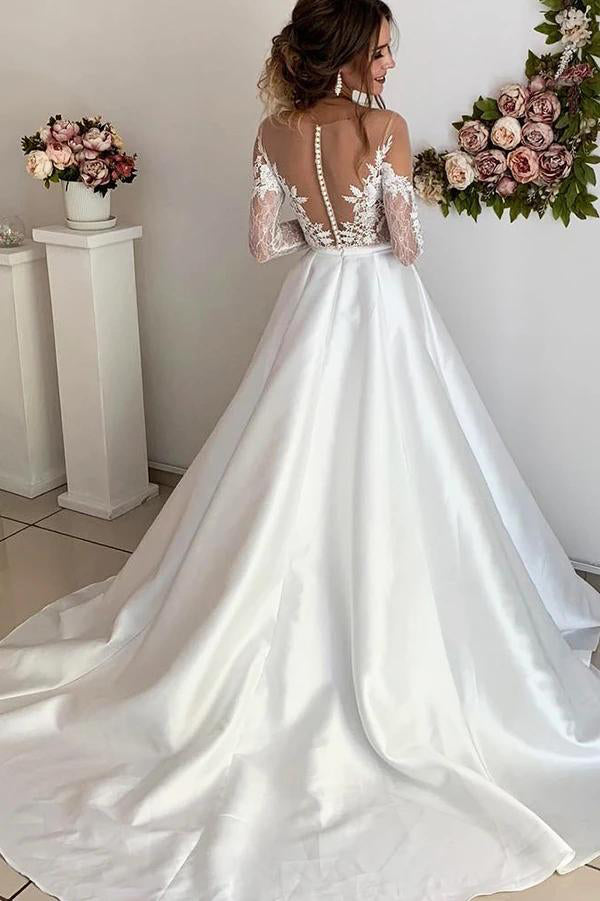 Vintage Long Sleeve Satin Wedding Dress Deep V Neck Bridal Gown,WW134