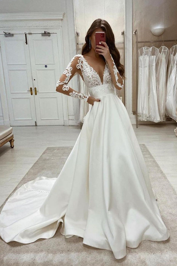 Deep V Neck Wedding Dresses Lace Appliques 3D Flowers Long Sleeves Bridal  Gowns  eBay