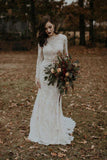 Vintage Mermaid Long Sleeve Lace Wedding Dress Rustic Bridal Dress ,WW137