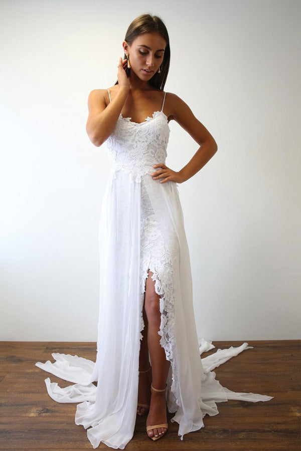 White Lace Thin Straps Wedding Dress With Chiffon,WW173