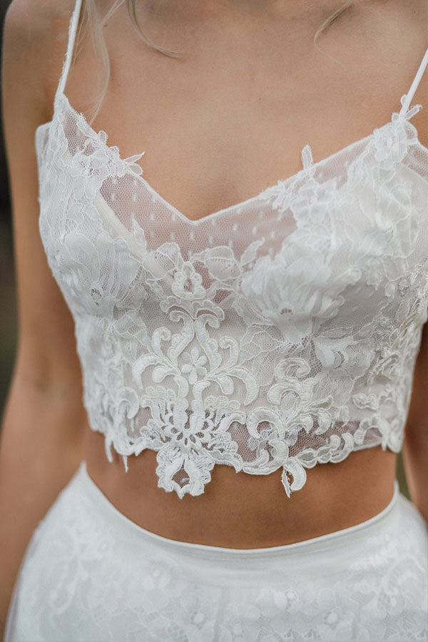 Spaghetti Straps Two Piece White Lace Wedding Dress Elegant Bridal Gown,WW188