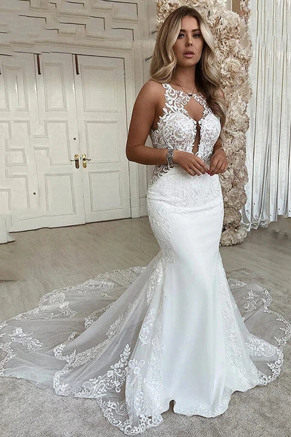 Mermaid White Lace Wedding Dress Backless Bridal Gown,WW221