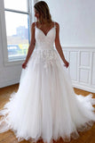 White Tulle Open Back Long Wedding Dresses With Lace Appliques,WW237