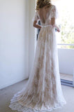 White Lace A Line Open Back Long Wedding Dress Romantic Bridal Gown,WW251