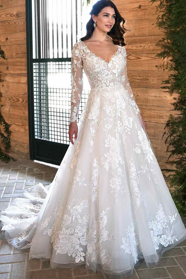 Romantic White Lace V Neck Wedding Dress Elegant Bridal Gown,WW252