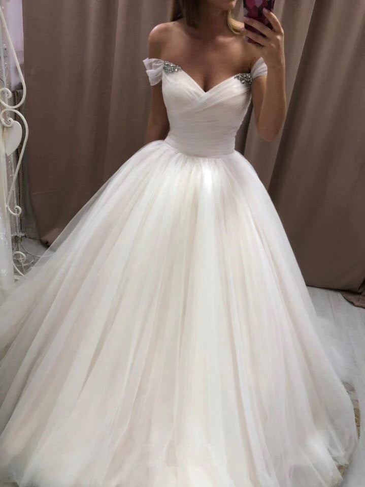 Off The Shoulder White Tulle Wedding Dress Elegant Bridal Gown,WW254