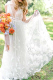 V Neck White Tulle Wedding Dresses With Flowers,Beach Bridal Gowns WW272