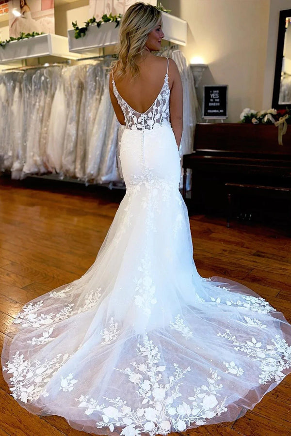 Charming Mermaid White Lace Wedding Dress With Leg Slit,WW315