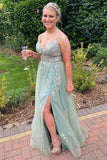 A Line Mint Green Tulle Prom Dress With Appliques,WQ119