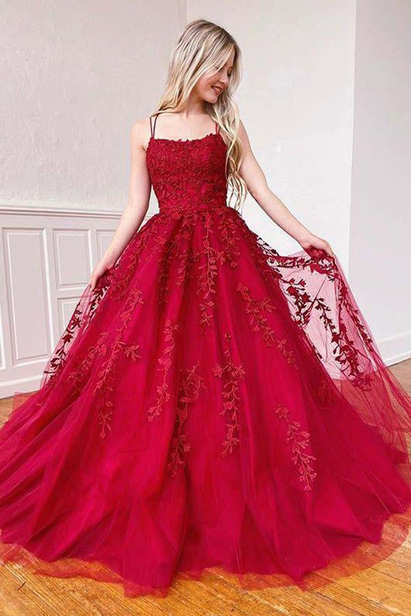 A-line Spaghetti Straps Tulle Long Prom Dress With Appliques,WP002