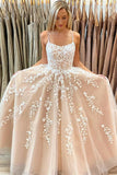 A-line Spaghetti Straps Tulle Long Prom Dress With Appliques,WP002