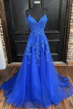 A Line Spaghetti Straps Blue Tulle Prom Dress With Appliques,WP324