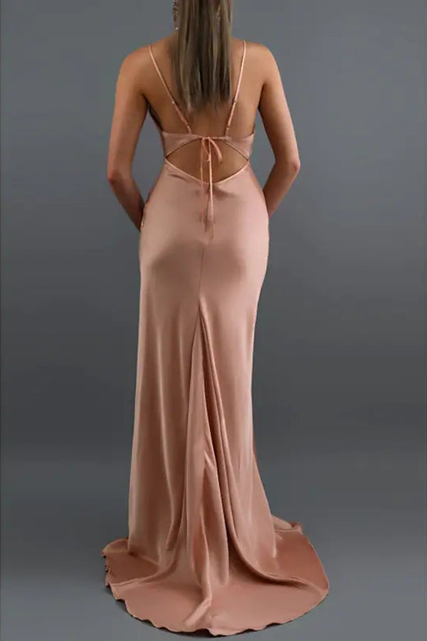 Mermaid Blush Satin Spaghetti Straps Long Prom Dress,WP026